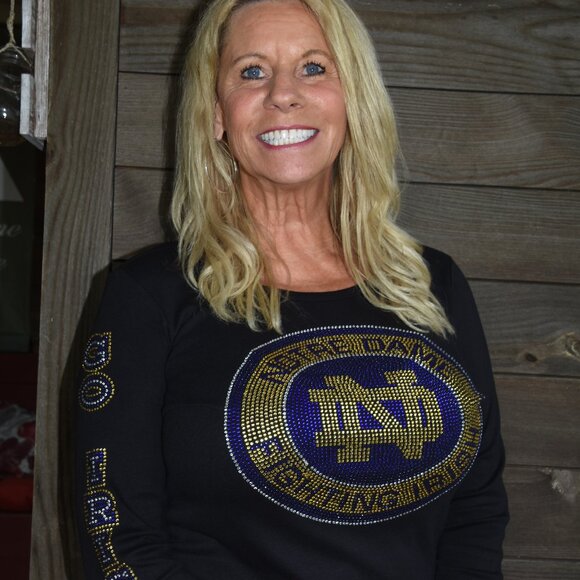 Notre Dame rhinestone bling long sleeve round neck Shirt XS S M L XL XXL1X 2… - Picture 5 of 9